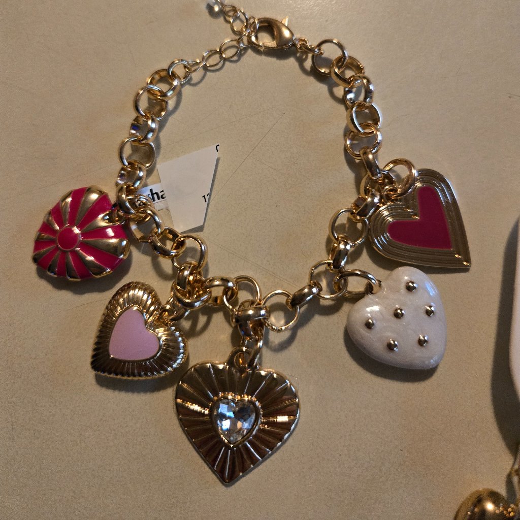Gold Heart Charm Bracelet & White Enamel Earrings With Dangle Heart, Nwt